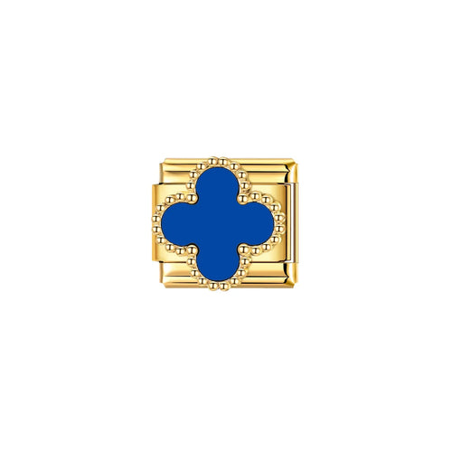 Charm trèfle à quatre feuilles bleu cobalt bordure perlée dorée acier inoxydable bracelet charm italien