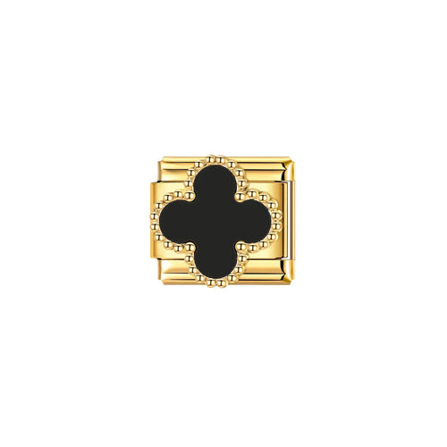 Charm trèfle noir mat et bordure perlée dorée, acier inoxydable, bracelet charm italien