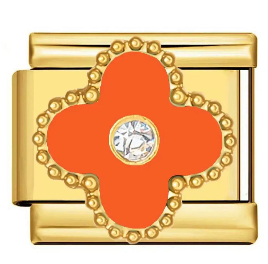 Charm trèfle à quatre pétales orange émail et cristal central, maillon acier inoxydable doré, bracelet charm italien