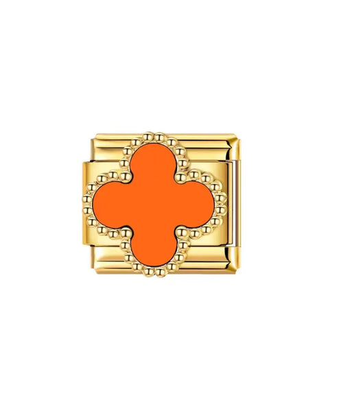 Charm trèfle à quatre feuilles émail orange sur maillon doré, bordure de billes dorées, acier inoxydable, bracelet charm italien