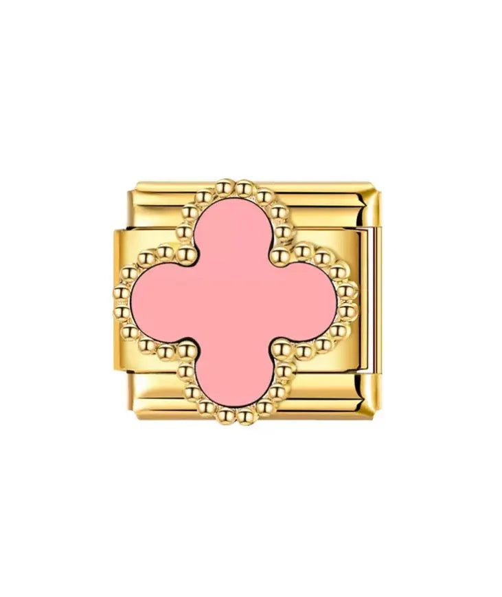 Charm trèfle rose en émail rose pâle sur maillon doré à perles, acier inoxydable, bracelet charm italien