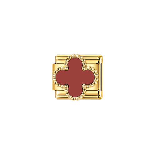 Charm trèfle rouge bordeaux à quatre pétales avec contour de perles dorées en acier inoxydable, bracelet charm italien