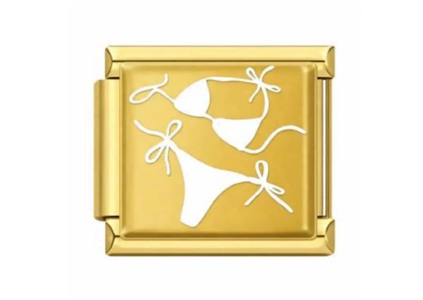 Charm maillon doré motif bikini blanc émaillé deux-pièces, acier inoxydable, bracelet charm italien