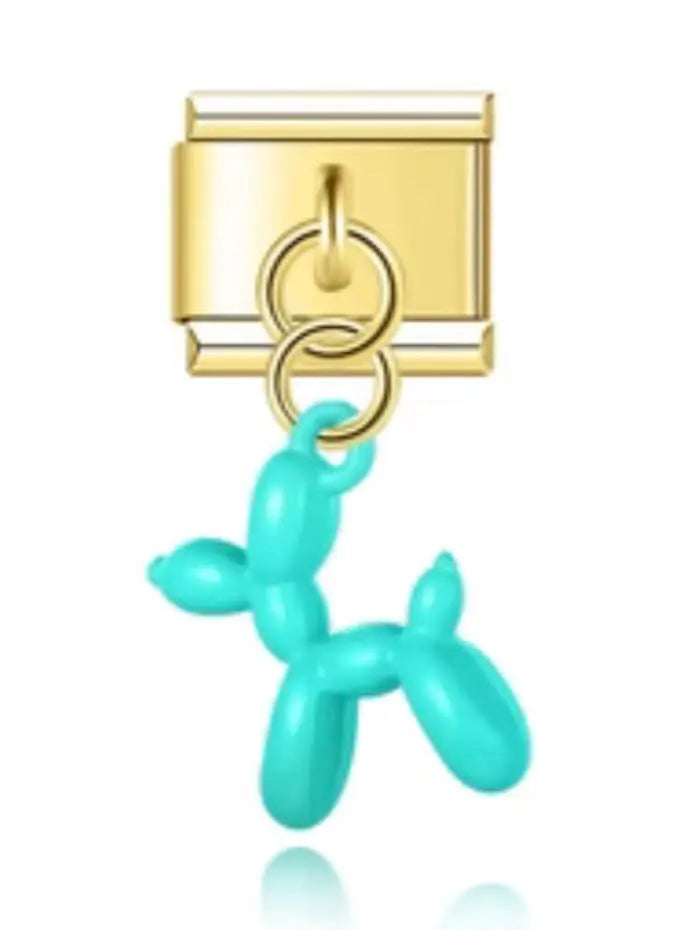 Charm pendentif chien ballon en émail turquoise sur maillon doré, acier inoxydable, bracelet charm italien