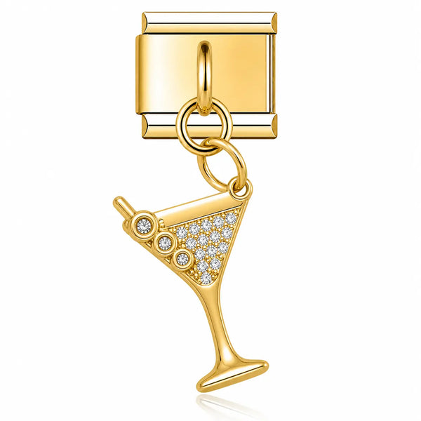 Charm pendentif verre cocktail martini doré avec zircons blancs, acier inoxydable, bracelet charm italien
