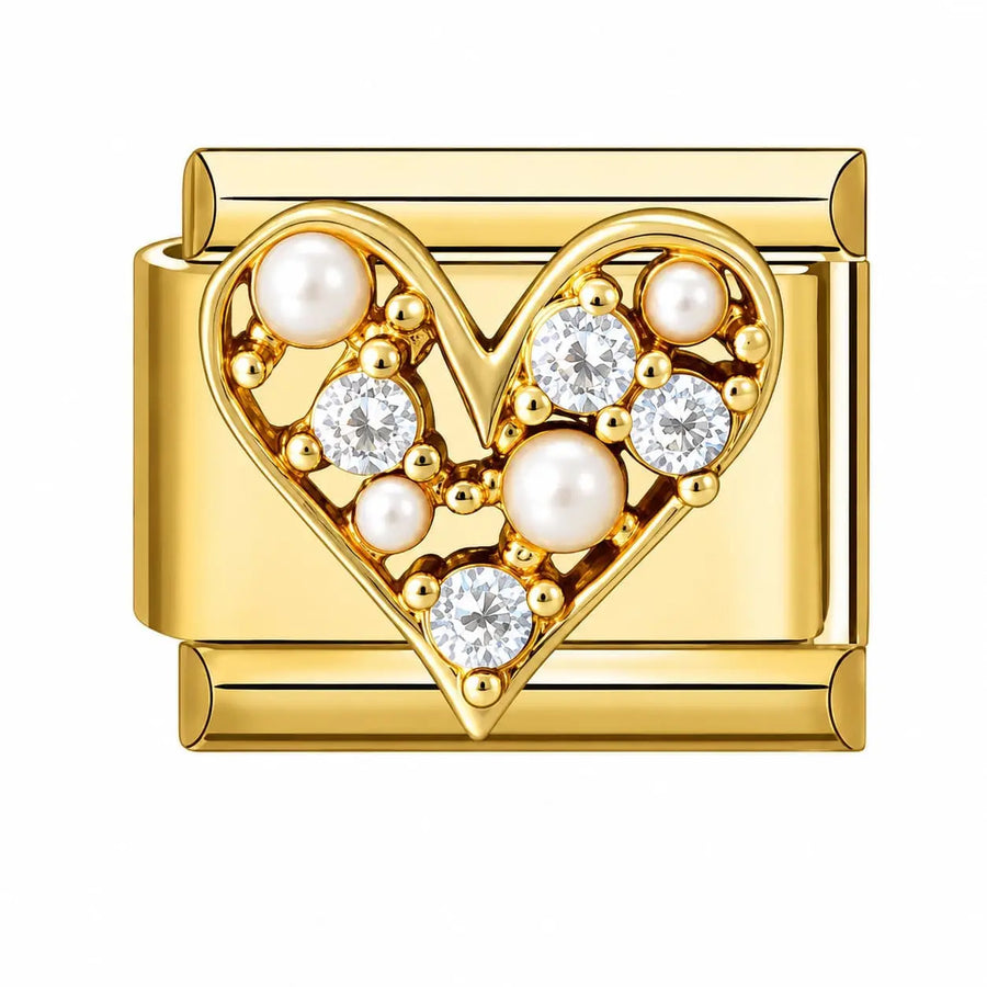Charm coeur ajouré doré serti de perles nacrées blanches et zircons transparents, acier inoxydable, bracelet charm italien