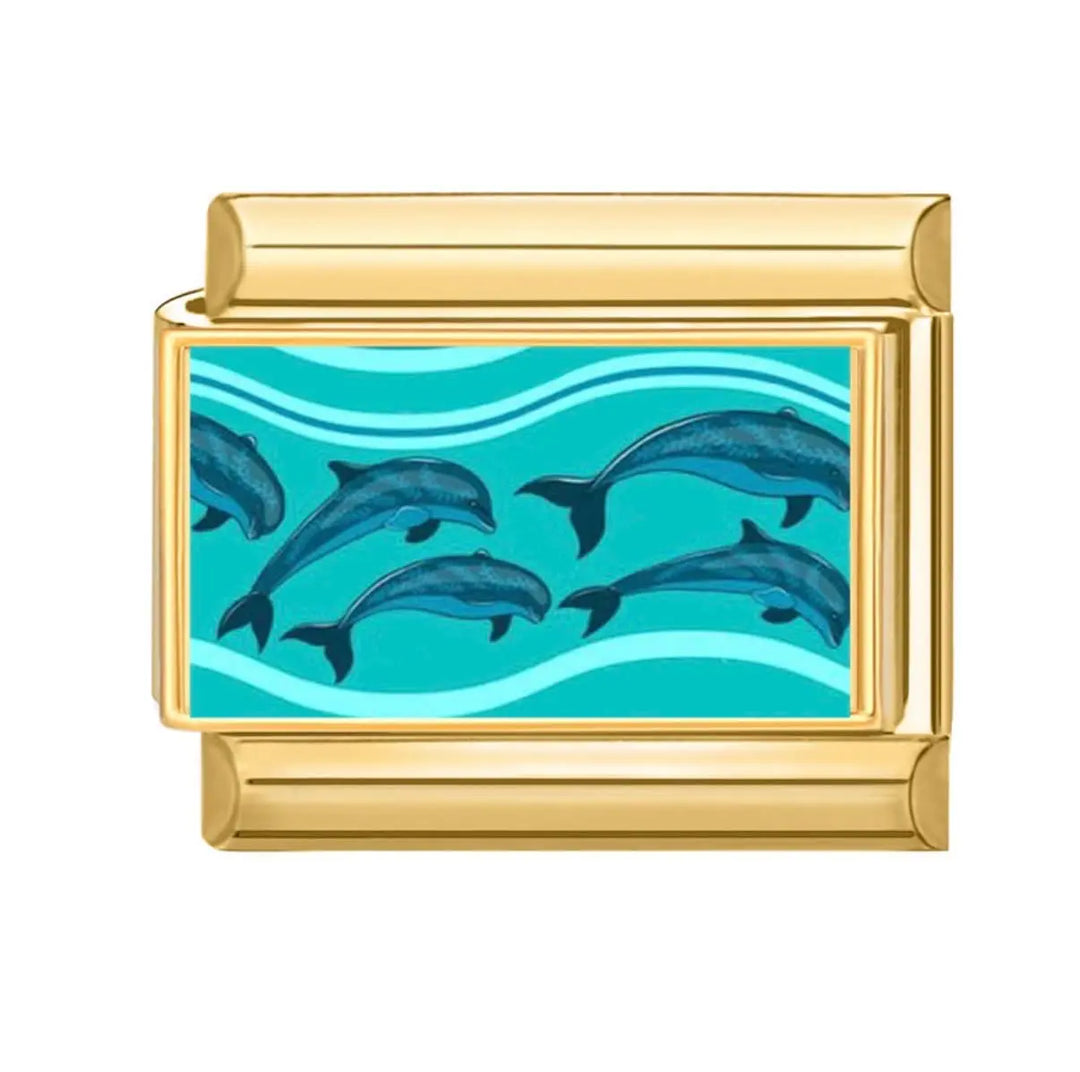 Charm maillon doré avec dauphins bleu-gris sur fond turquoise émaillé, acier inoxydable, bracelet charm italien