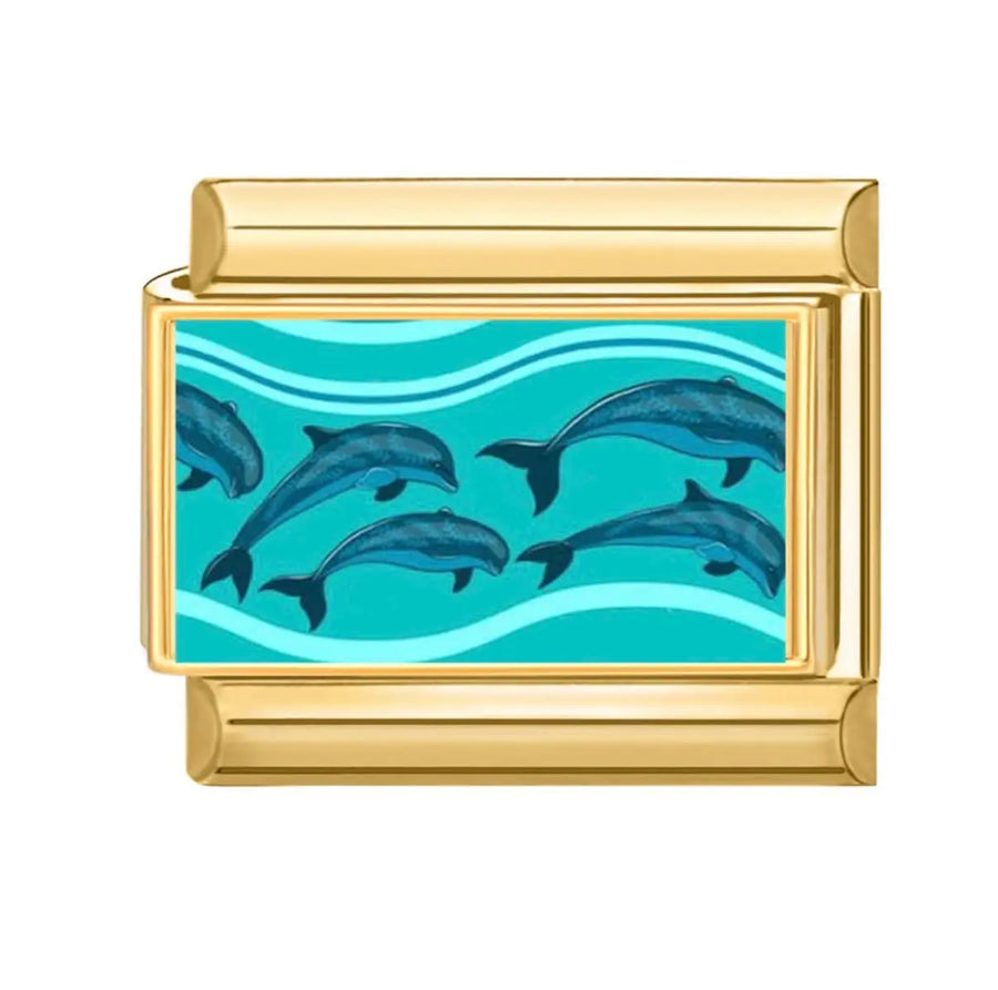 Charm maillon doré avec dauphins bleu-gris sur fond turquoise émaillé, acier inoxydable, bracelet charm italien
