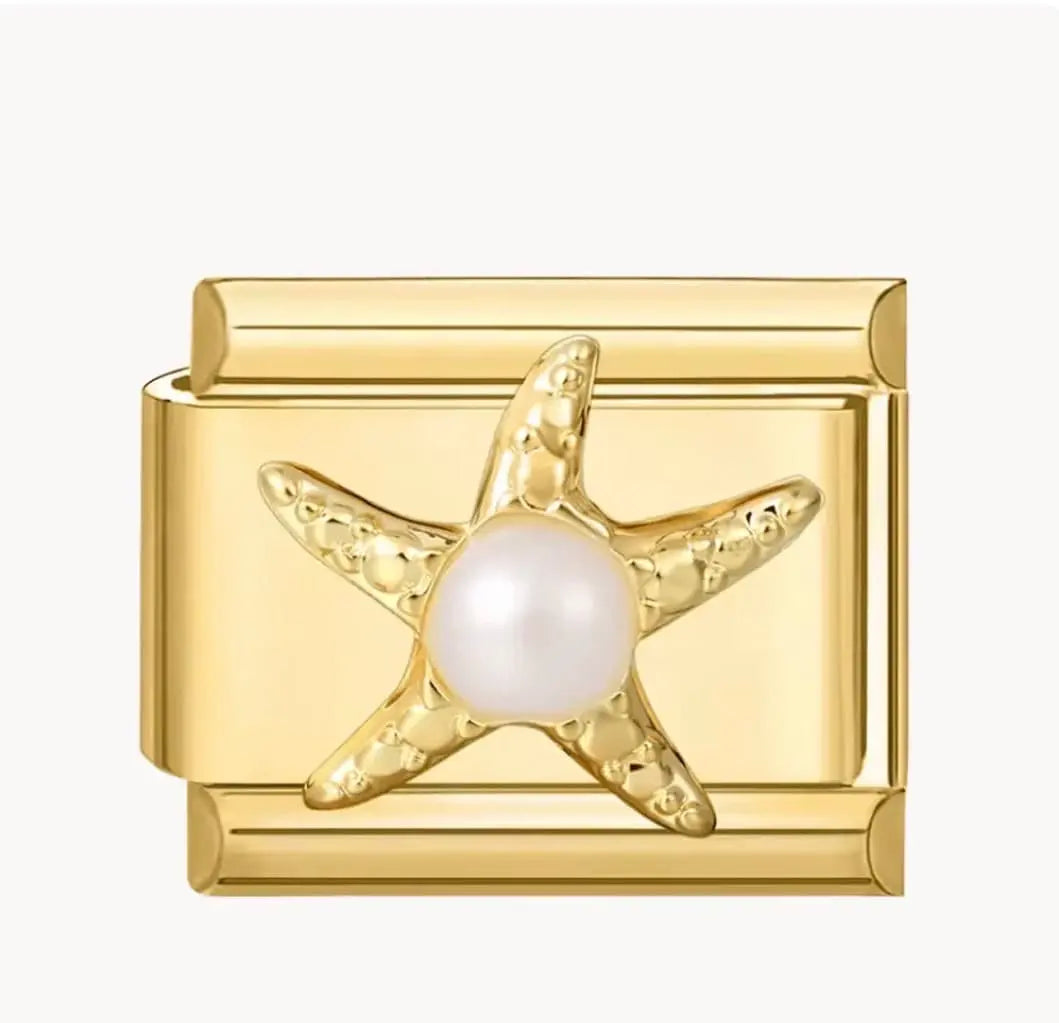 Charm étoile de mer dorée texturée avec perle blanche nacrée, acier inoxydable, bracelet charm italien
