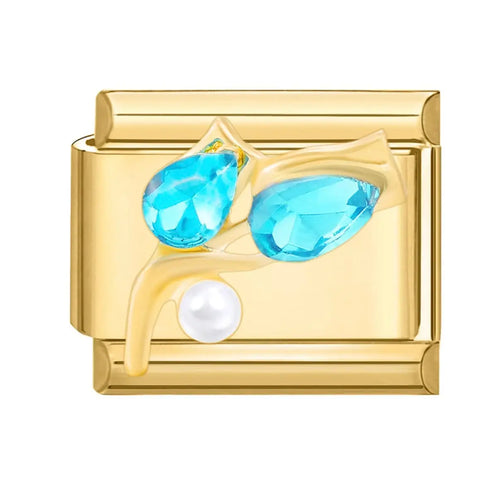 Charm fleur bleue dorée avec deux cristaux turquoise facettés et perle blanche, acier inoxydable, bracelet charm italien