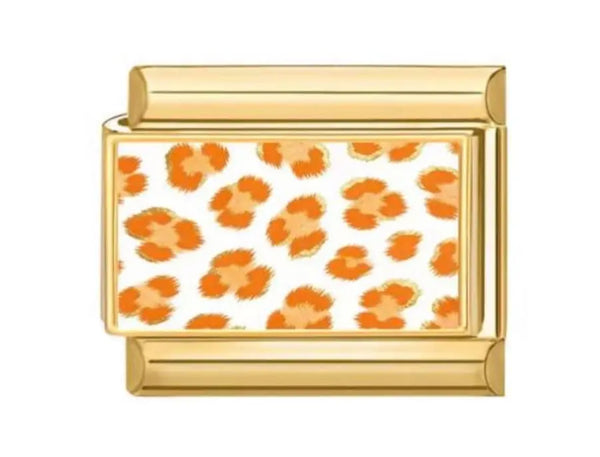 Charm imprimé léopard orange et blanc sur maillon doré en acier inoxydable pour bracelet charm italien