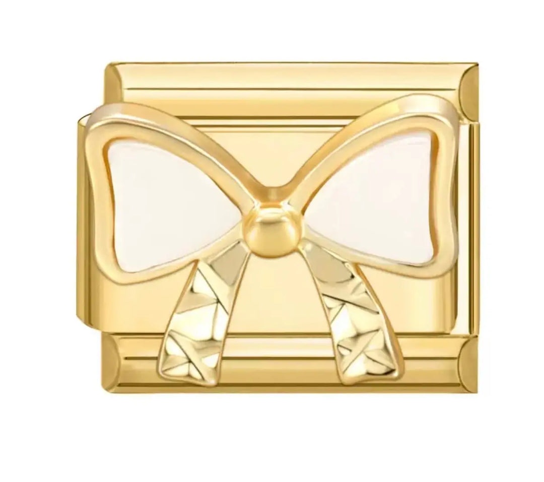Charm noeud papillon nacré blanc ivoire et doré en acier inoxydable pour bracelet charm italien