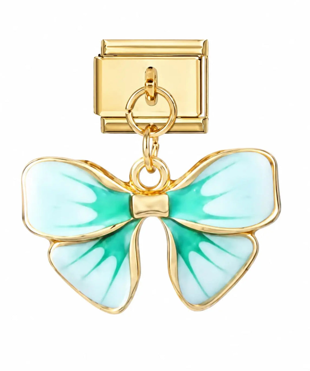 Charm pendentif noeud en émail turquoise et contour doré, acier inoxydable, bracelet charm italien