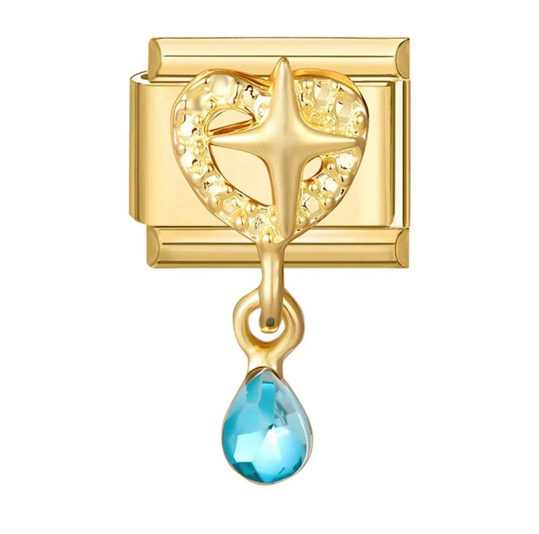 Charm pendentif maillon doré étoile coeur ajouré avec goutte cristal bleu turquoise facetté, acier inoxydable, bracelet charm italien