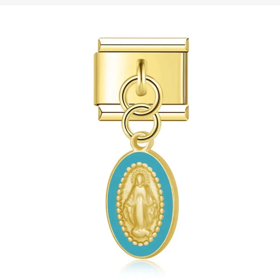 Charm pendentif Vierge Miraculeuse médaille ovale émaillée turquoise relief doré acier inoxydable bracelet charm italien