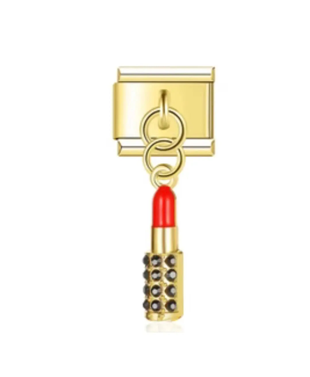 Charm pendentif rouge à lèvres en acier inoxydable doré, émail rouge vif et tube orné de strass noirs, bracelet charm italien
