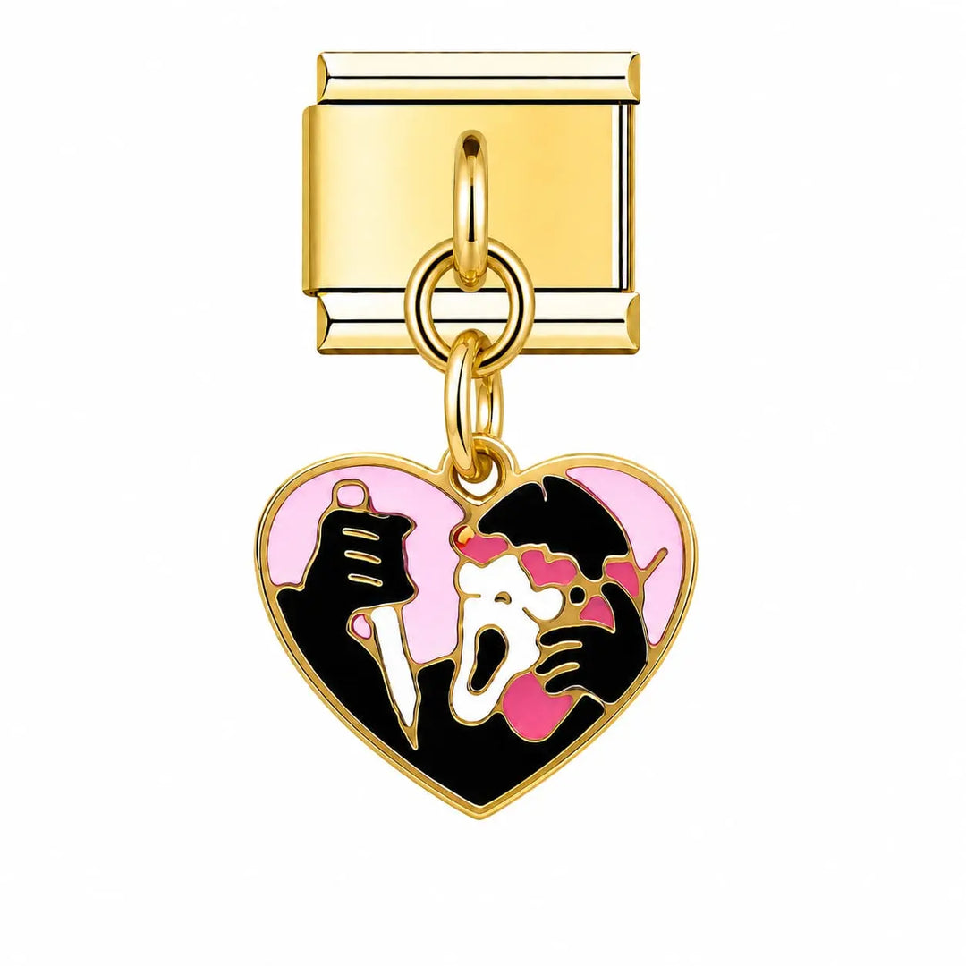 Charm pendentif cœur émail noir et rose silhouettes amoureuses style Le Cri, maillon acier inoxydable doré, bracelet charm italien