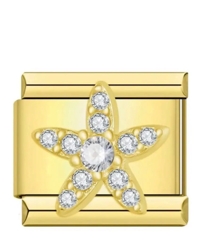 Charm étoile de mer dorée pavée de zircons blancs sur maillon carré en acier inoxydable, bracelet charm italien