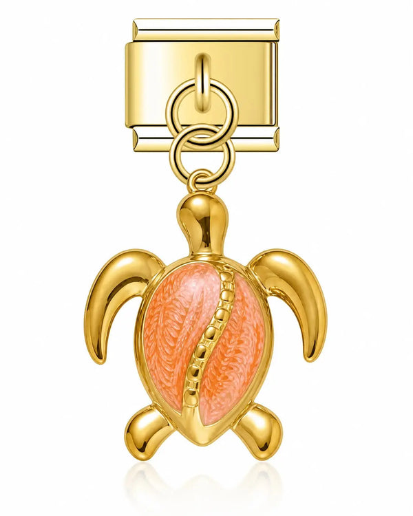 Charm pendentif tortue de mer en acier inoxydable doré avec carapace en émail orange, bracelet charm italien