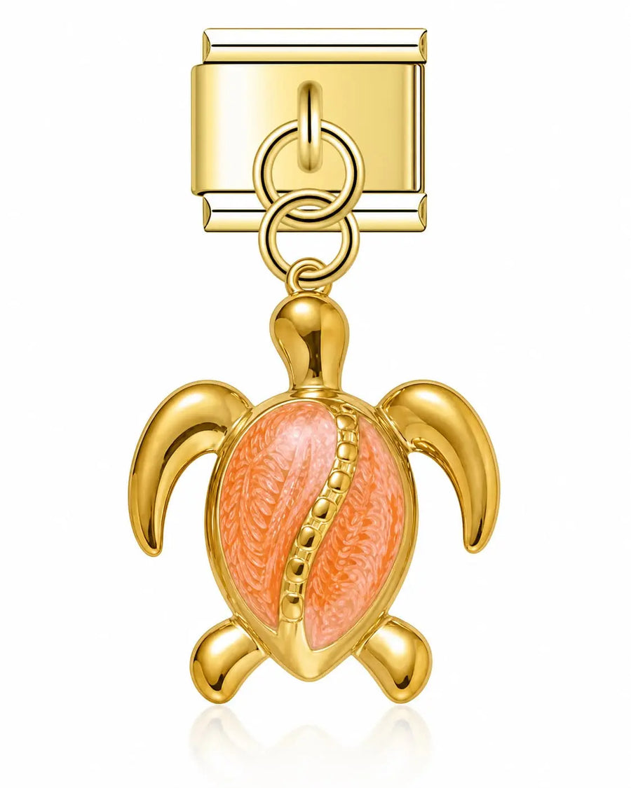 Charm pendentif tortue de mer en acier inoxydable doré avec carapace en émail orange, bracelet charm italien