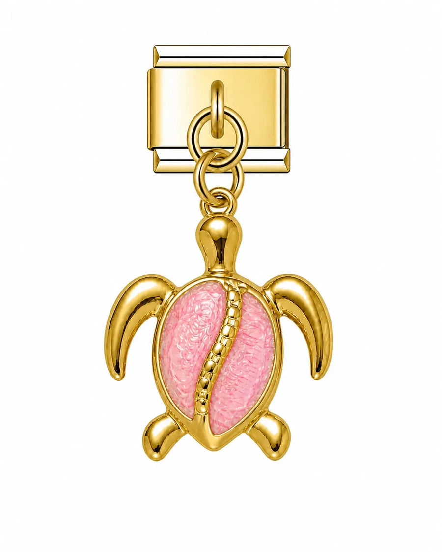 Charm pendentif tortue de mer carapace émaillée rose et contour doré en acier inoxydable pour bracelet charm italien