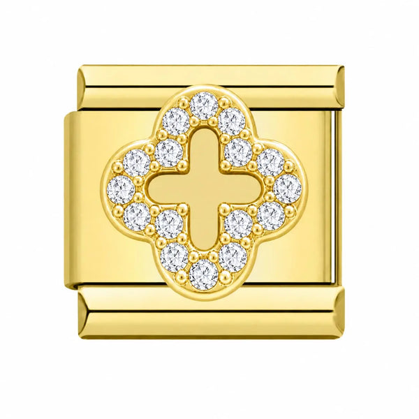 Charm trèfle quatre pétales pavé zircons blancs maillon doré acier inoxydable bracelet charm italien