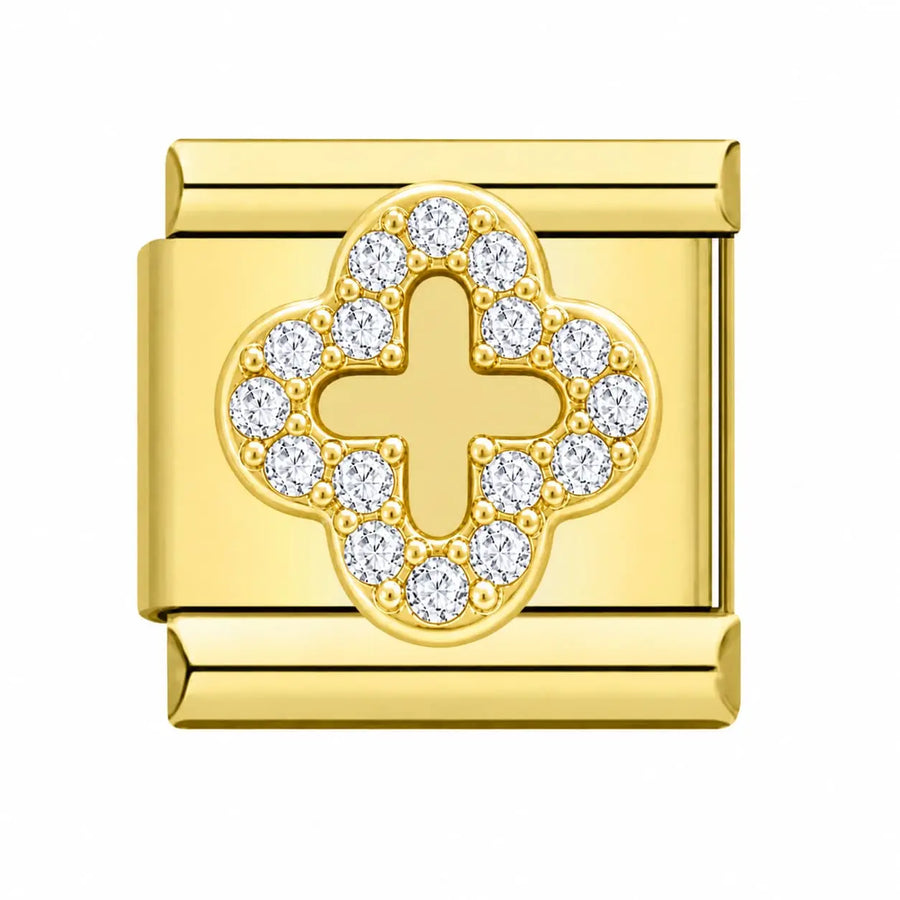 Charm trèfle quatre pétales pavé zircons blancs maillon doré acier inoxydable bracelet charm italien
