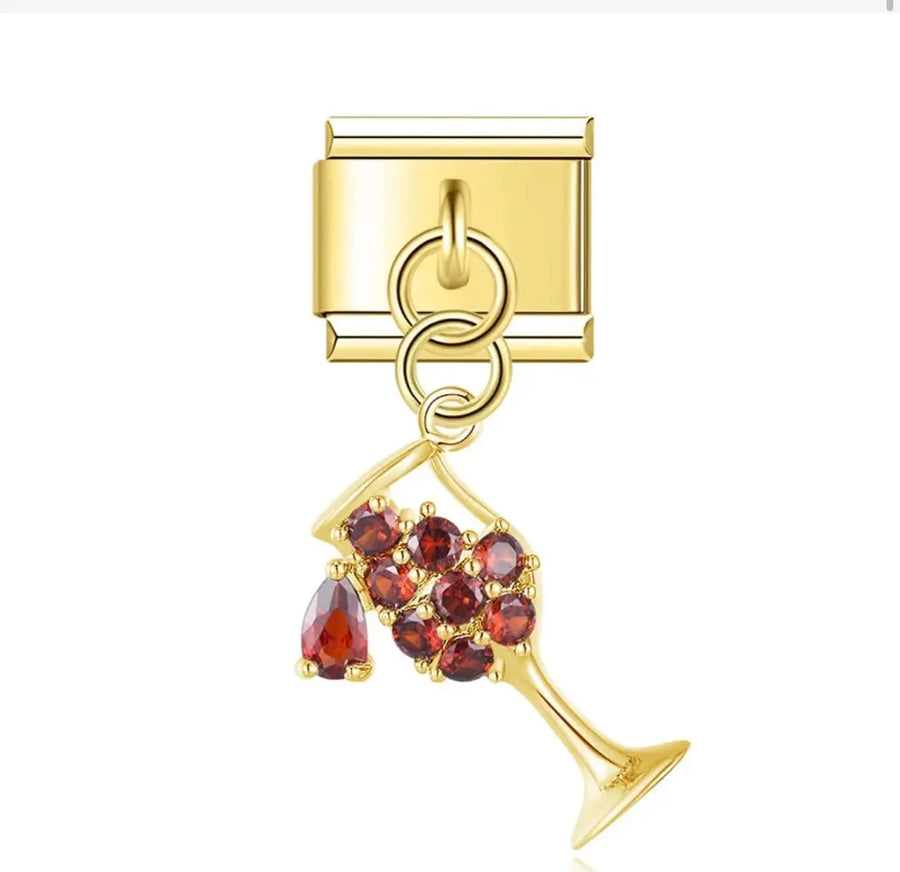 Charm pendentif verre à vin doré avec zircons rouges bordeaux, acier inoxydable, bracelet charm italien