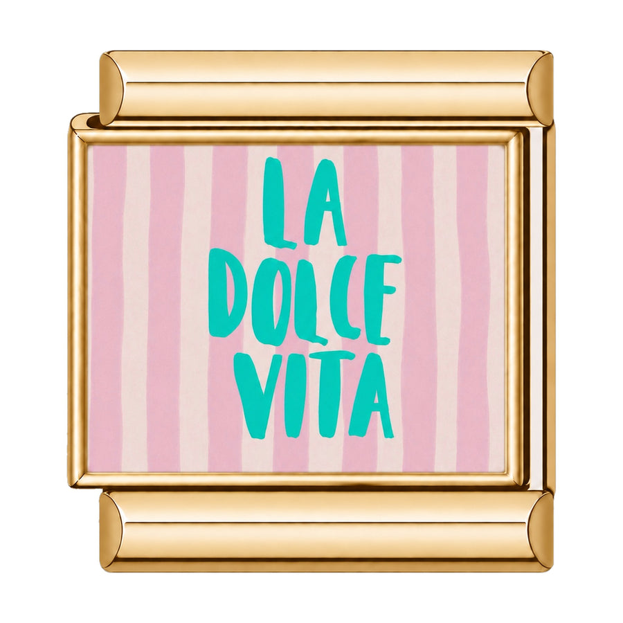Charm maillon doré LA DOLCE VITA en lettres turquoise sur fond rayé rose, acier inoxydable, bracelet charm italien