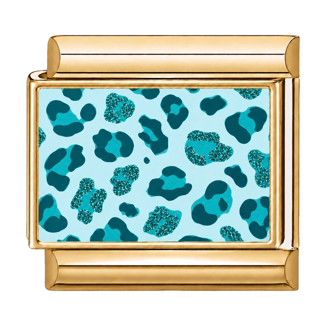 Charm maillon doré imprimé léopard turquoise pailleté sur fond bleu clair, acier inoxydable, bracelet charm italien