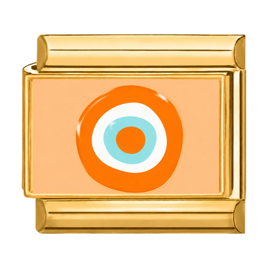 Charm maillon doré œil protecteur turquoise et orange sur fond orange, acier inoxydable, bracelet charm italien