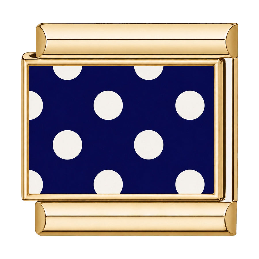 Charm maillon doré à pois blancs sur fond bleu marine émaillé, acier inoxydable, bracelet charm italien