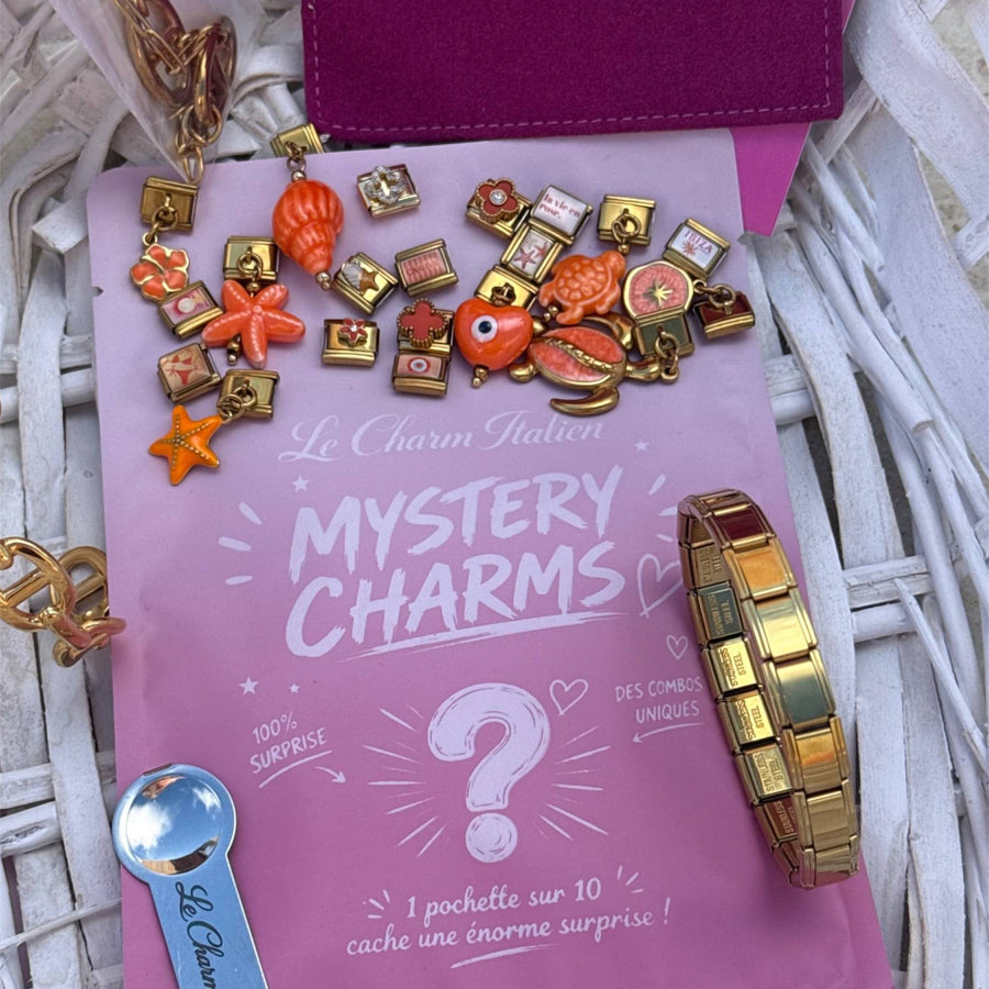 Mystery Box Le Charm Italien : pochette surprise, charms italiens corail et dorés en acier inoxydable, bracelet doré, outil de montage et pochette velours