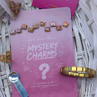 Mystery Box Le Charm Italien : pochette surprise, charms italiens roses et dorés en acier inoxydable, bracelet doré et outil de montage