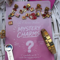 Mystery Box Le Charm Italien : pochette surprise, charms italiens rouges et dorés en acier inoxydable, bracelet doré et outil de montage