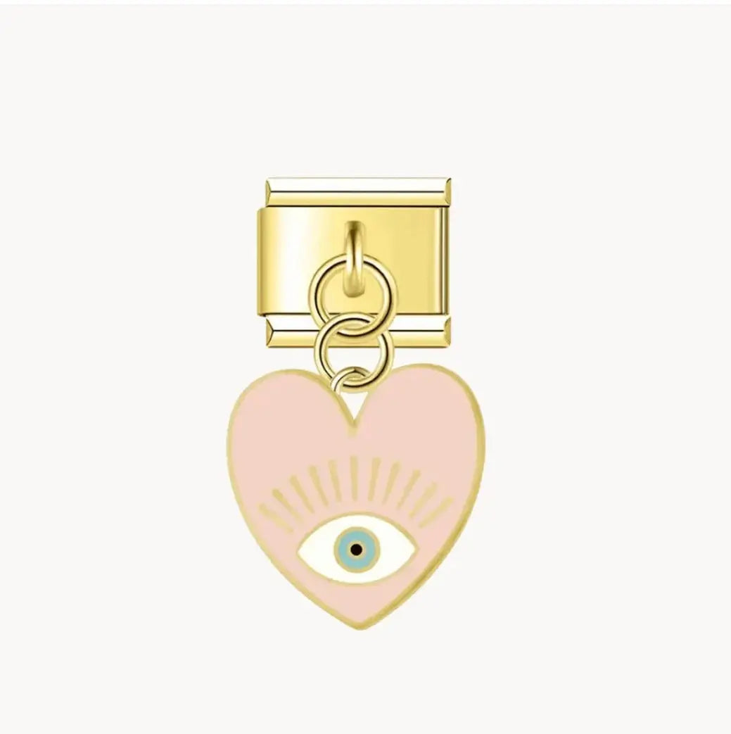 Charm pendentif coeur rose émail evil eye doré acier inoxydable bracelet charm italien