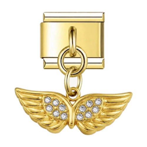 Pendentif ailes d'ange dorées pavées de zircons suspendu sous un maillon, acier inoxydable, bracelet charm italien