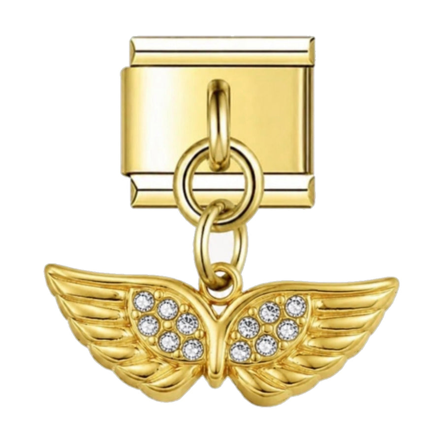 Pendentif ailes d'ange dorées pavées de zircons suspendu sous un maillon, acier inoxydable, bracelet charm italien