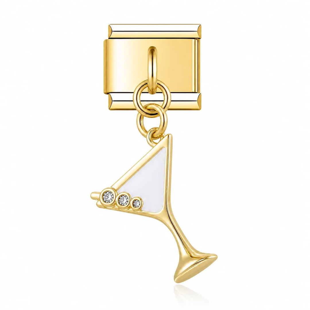 Charm pendentif verre martini doré émail blanc strass, acier inoxydable, bracelet charm italien