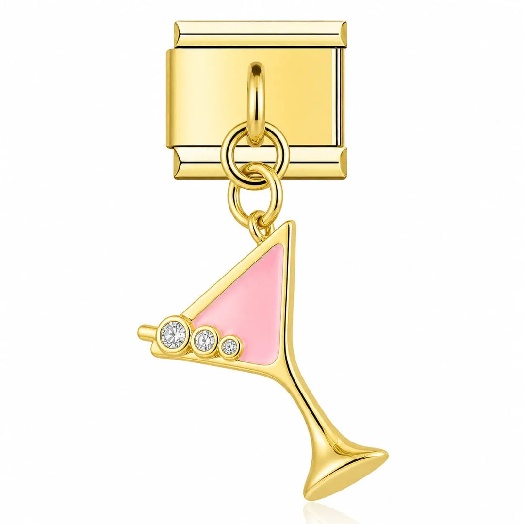 Charm pendentif verre cocktail martini doré émail rose et pierres transparentes, acier inoxydable, bracelet charm italien