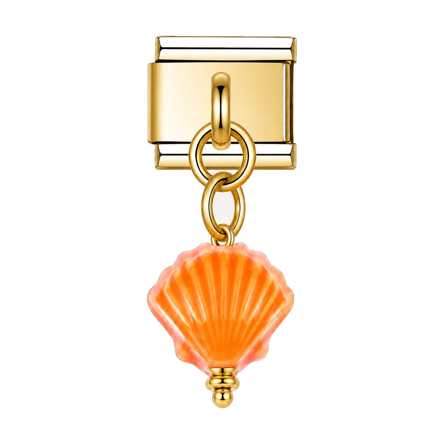 Pendentif coquillage en céramique émaillée orange suspendu sous un maillon doré, bracelet charm italien