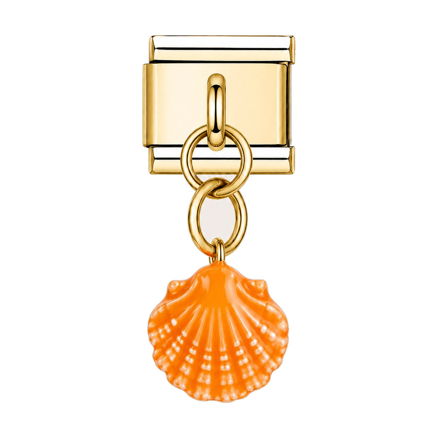 Pendentif coquillage en céramique émaillée orange suspendu sous un maillon doré, bracelet charm italien