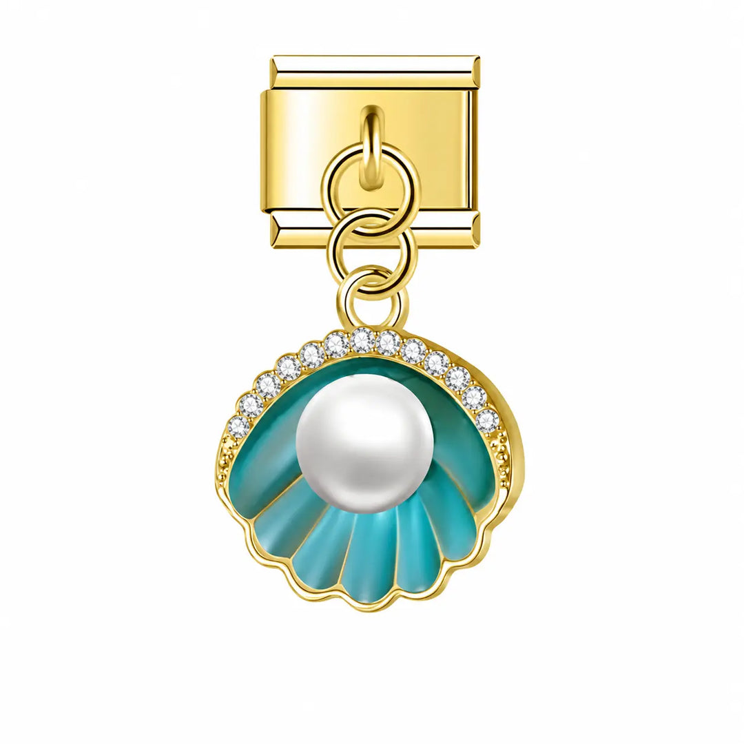 Charm pendentif coquille turquoise avec perle blanche et strass, maillon acier inoxydable doré, bracelet charm italien