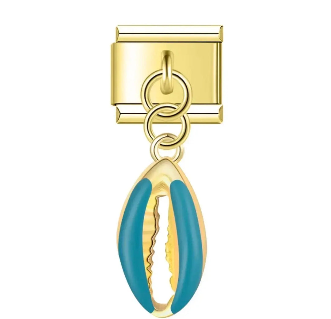 Charm pendentif coquillage cauri en émail turquoise et acier inoxydable doré, bracelet charm italien