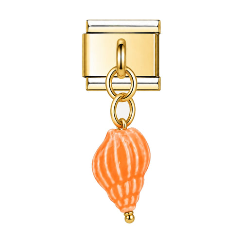 Pendentif coquillage torsadé en céramique émaillée orange suspendu sous un maillon doré, bracelet charm italien
