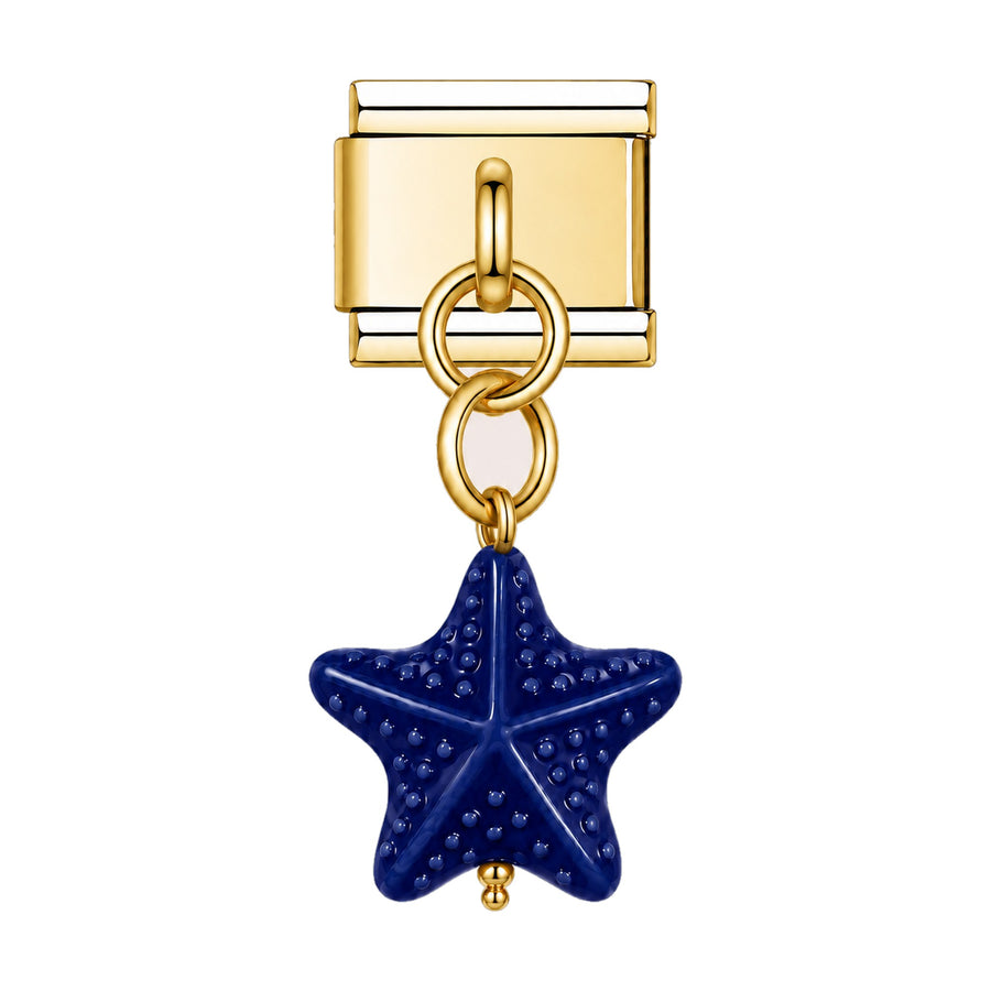 Pendentif étoile de mer en céramique émaillée bleu marine suspendu sous un maillon doré, bracelet charm italien