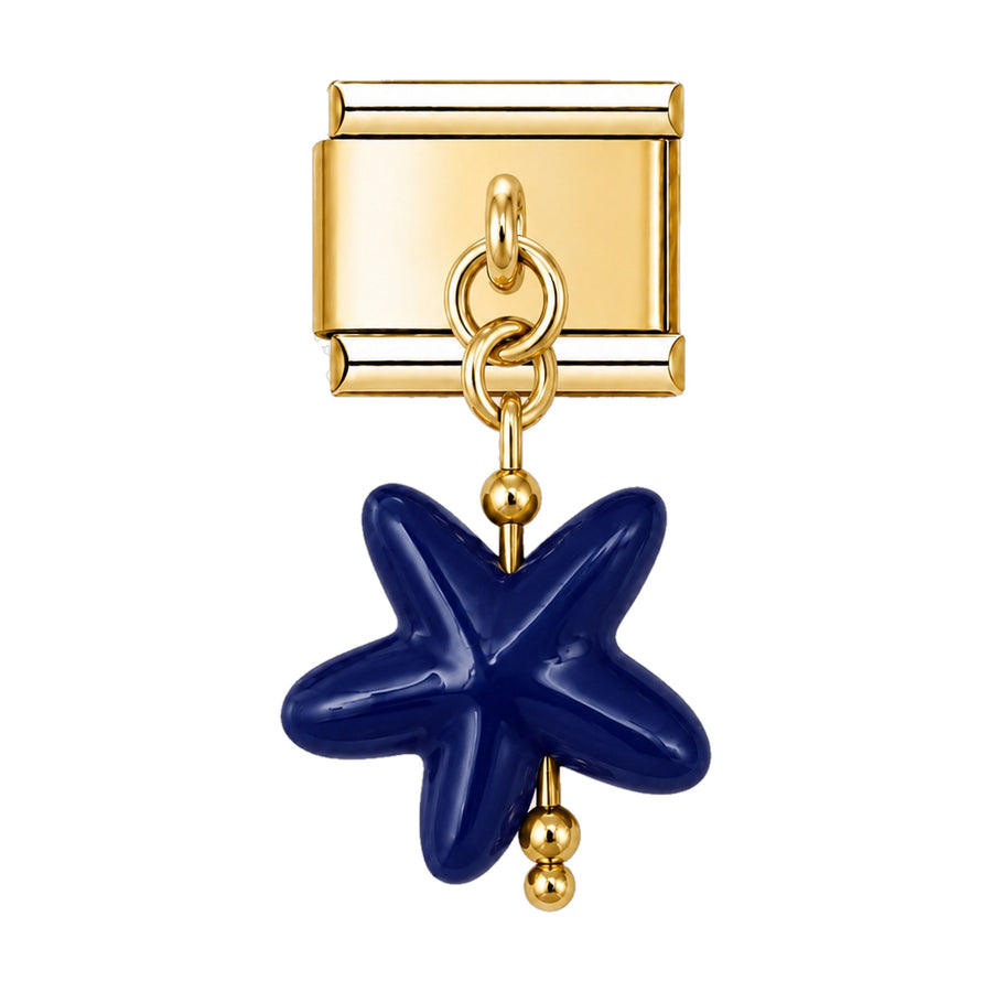 Pendentif étoile de mer en céramique émaillée bleu marine suspendu sous un maillon doré, bracelet charm italien