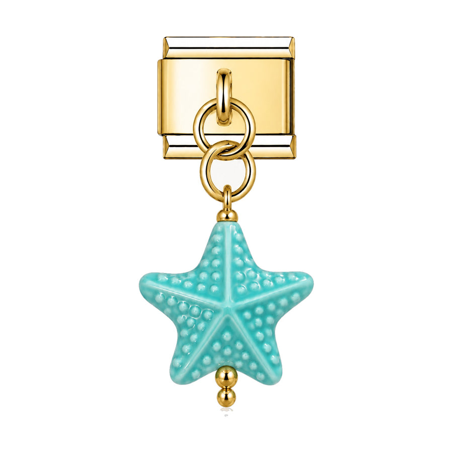 Pendentif étoile de mer en céramique émaillée bleu turquoise suspendu sous un maillon doré, bracelet charm italien