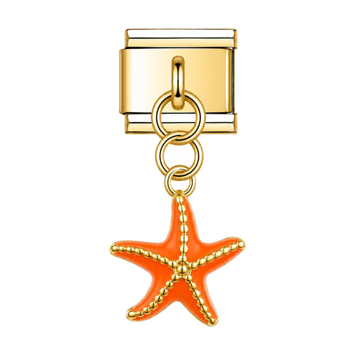 Pendentif étoile de mer en céramique émaillée orange suspendu sous un maillon doré, bracelet charm italien