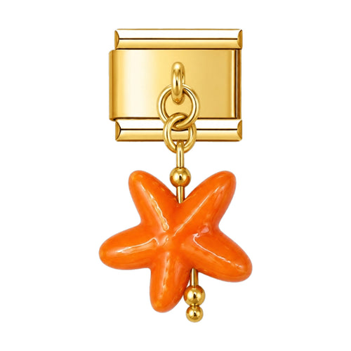 Pendentif étoile de mer en céramique émaillée orange suspendu sous un maillon doré, bracelet charm italien